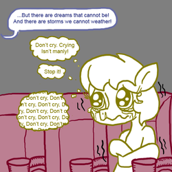 Size: 576x576 | Tagged: safe, oc, oc only, oc:golden brisk, earth pony, pony, cinema, colt, crying, les miserables, male, movie, popcorn, sad, shivering, sitting, snot, solo, speech bubble, stallion, tearjerker, teary eyes, thought bubble, trap, wavy mouth
