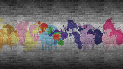 Size: 1920x1080 | Tagged: safe, artist:robopossum, applejack, fluttershy, pinkie pie, rainbow dash, rarity, twilight sparkle, g4, brick wall, mane six, paint, splash, vector, wallpaper