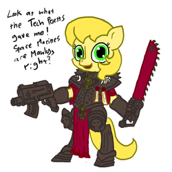 Size: 600x600 | Tagged: safe, artist:ficficponyfic, oc, oc only, oc:golden brisk, pony, adepta sororitas, bipedal, bolter, chainsword, colt, gun, happy, male, missing the point, power armor, powered exoskeleton, purity seal, simple background, smiling, solo, speech bubble, sword, talking, trap, warhammer (game), warhammer 40k, weapon, white background
