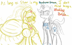 Size: 1280x800 | Tagged: safe, artist:familywing, oc, oc only, oc:golden brisk, oc:silver breeze, earth pony, pony, unicorn, bowtie, clothes, colt, crossdressing, cuffs (clothes), cute, dress, fancy, female, goldeeze, heart, male, mare, marriage, reverse trap, rose, sketch, smiling, speech bubble, starry eyes, suit, trap, tuxedo, wingding eyes