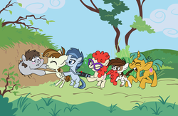 Size: 2000x1300 | Tagged: safe, artist:shinjitoo, featherweight, pipsqueak, shady daze, snails, truffle shuffle, twist, g4, blushing, camera, colt, female, filly, foal, glasses, male, parody, ponies grabbing other ponies, pull, stuck, sweat, tail bite, tree, winnie the pooh