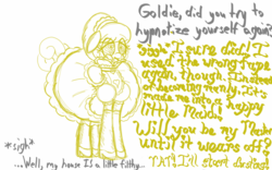 Size: 1280x800 | Tagged: safe, artist:familywing, oc, oc only, oc:golden brisk, clothes, colt, crossdressing, happy, heart, heart eyes, hypnosis, hypnotized, maid, male, sissy, solo, swirly eyes, text, trap, wingding eyes