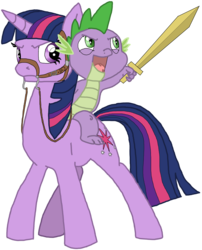 Size: 1938x2400 | Tagged: safe, artist:crispokefan, spike, twilight sparkle, dragon, pony, unicorn, g4, bridle, dragons riding ponies, duo, female, male, mare, reins, riding, spike riding twilight, sword, unicorn twilight, weapon, wooden sword