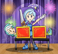 Size: 795x731 | Tagged: safe, artist:pikaplusmin, lyra heartstrings, trixie, human, g4, box, box sawing trick, duo, half, humanized, magic trick, modular