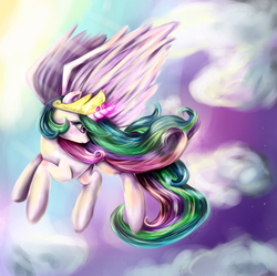 Size: 1924x1914 | Tagged: safe, artist:lizzyrascal, princess celestia, alicorn, pony, g4, cloud, cloudy, crown, female, flying, jewelry, mare, regalia, signature, sky, solo, spread wings, wings