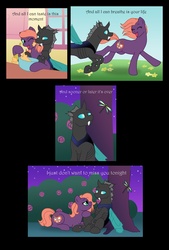 Size: 813x1200 | Tagged: safe, artist:merrypaws, oc, oc only, oc:cotton, oc:greg, changeling, dragonfly, insect, pony, comic:iris, baking, comic, eyes closed, happy, interspecies, laughing, looking at each other, love, one eye closed, open mouth, running, smiling