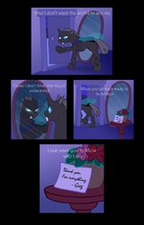 Size: 735x1146 | Tagged: safe, artist:merrypaws, oc, oc only, oc:greg, changeling, comic:iris, leaving, mirror, night, note, reflection
