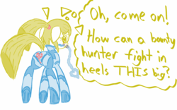Size: 1280x800 | Tagged: safe, artist:familywing, oc, oc only, oc:golden brisk, earth pony, pony, blushing, butt, clothes, colt, cosplay, costume, crossdressing, crossplay, flank, male, metroid, plot, samus aran, solo, trap, zero suit