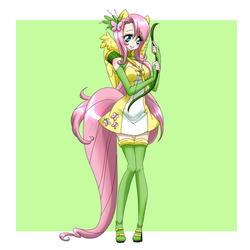 Size: 3240x3240 | Tagged: safe, artist:hotokotenshi, fluttershy, human, g4, bow (weapon), clothes, dress, eared humanization, female, high res, humanized, looking at you, nail polish, quiver, solo, tailed humanization, winged humanization