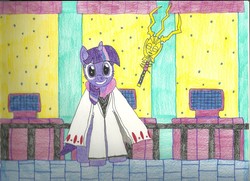 Size: 2335x1688 | Tagged: safe, artist:snowblitz227, twilight sparkle, pony, g4, bleach (manga), crossover, female, mad scientist, mayuri kurotsuchi, parody, ponified, smiling, solo, traditional art