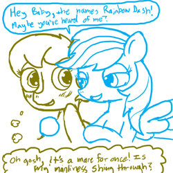 Size: 600x600 | Tagged: safe, artist:ficficponyfic, rainbow dash, oc, oc:golden brisk, pony, g4, accidentally straight, colt, female, hit on, joke, lesbian, male, mistaken gender, mistaken identity, speech bubble, this will end in tears, thought bubble, wingboner