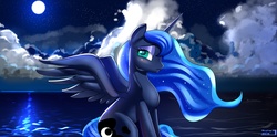 Size: 4980x2470 | Tagged: dead source, safe, artist:skyart301, princess luna, g4, blushing, crepuscular rays, digital art, female, flowing mane, flowing tail, mare, moon, moonlight, night, ocean, sad, solo, tail, water