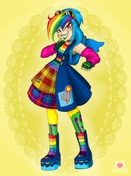 Size: 745x1000 | Tagged: safe, artist:lillykitten, rainbow dash, human, g4, backpack, clothes, dress, female, goggles, humanized, solo
