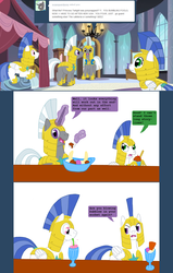 Size: 1435x2260 | Tagged: safe, artist:hakar-kerarmor, oc, oc:arrowhead, oc:bastion, oc:monolith, oc:nors, oc:scope, ask four inept guardponies, fourth wall, ice cream, royal guard, tumblr