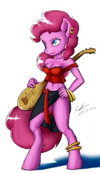 Size: 1011x1754 | Tagged: safe, artist:gabbstuff, pinkie pie, anthro, unguligrade anthro, g4, bard, ear fluff, ear piercing, earring, female, gypsy pie, hand on hip, jewelry, musical instrument, piercing, solo, standing