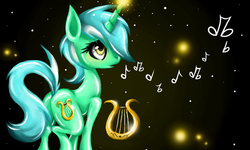 Size: 600x360 | Tagged: dead source, safe, artist:silvercommando, lyra heartstrings, pony, unicorn, g4, female, lyre, music notes, sad, solo