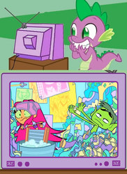 Size: 520x713 | Tagged: safe, spike, ghost, g4, beast boy, clothes, creepy, exploitable meme, midriff, starfire, teen titans, teen titans go, tv meme, underwear