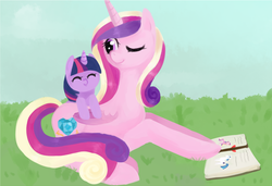 Size: 1024x699 | Tagged: safe, artist:sockl, princess cadance, shining armor, twilight sparkle, alicorn, pony, unicorn, g4, book, cute, eyes closed, filly, grass, lying down, one eye closed, pointy ponies, wink, younger