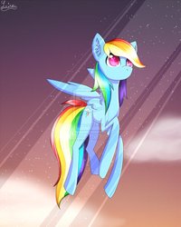 Size: 800x1000 | Tagged: safe, artist:lairai, rainbow dash, g4, crepuscular rays, female, flying, solo