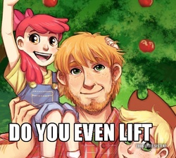 Size: 610x550 | Tagged: safe, artist:courtneygodbey, apple bloom, applejack, big macintosh, human, g4, do you even lift, humanized, image macro, meme