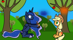 Size: 2268x1260 | Tagged: safe, artist:dbapplejack, applejack, princess luna, alicorn, earth pony, pony, g4, apple tree, duo, hoof hold, moonshine, open mouth, sitting, smiling, this will not end well, tree, vector