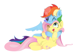 Size: 1371x960 | Tagged: safe, artist:skunkwaffle, fluttershy, rainbow dash, pony, g4, cute, female, hug, hug from behind, lesbian, looking at each other, nom, ship:flutterdash, shipping, simple background, sitting, transparent background