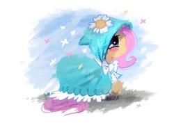 Size: 1158x818 | Tagged: safe, artist:cmaggot, fluttershy, butterfly, pegasus, pony, g4, secret of my excess, cape, cloak, clothes, cute, female, hood, hooded cape, outdoors, raised hoof, shyabetes, smiling, solo, taffeta cape