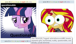 Size: 535x316 | Tagged: safe, sunset shimmer, twilight sparkle, derpibooru, equestria girls, g4, my little pony equestria girls, exploitable meme, eye bulging, juxtaposition, juxtaposition win, meta, special eyes