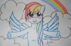 Size: 800x514 | Tagged: safe, artist:amaranthialunaris, rainbow dash, g4, blushing, cloud, cloudy, female, rainbow, solo