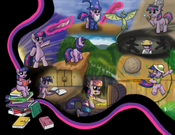 Size: 2024x1560 | Tagged: safe, artist:godzilla3092, daring do, twilight sparkle, dragon, g4, beard, book, bubble pipe, daydream, filly, ninja, pirate, reading, sword, treasure