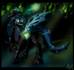 Size: 1180x1104 | Tagged: safe, artist:rubykyogre616, queen chrysalis, changeling, changeling queen, g4, crown, female, glowing, jewelry, regalia, sharp teeth
