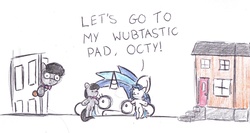 Size: 1932x1026 | Tagged: safe, artist:bobthedalek, dj pon-3, octavia melody, vinyl scratch, earth pony, pony, unicorn, g4, doll, door, female, toy, traditional art, wub