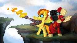 Size: 906x511 | Tagged: safe, artist:twodeepony, spitfire, oc, pegasus, pony, g4, animated, badass, bipedal, fire, flamethrower, goggles, m202 flash, rocket launcher, spitfiery, weapon
