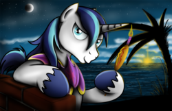 Size: 1000x649 | Tagged: safe, artist:jamescorck, shining armor, g4, andrew francis, armor, candle, corndog, male, solo, sunset
