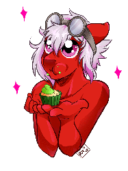 Size: 900x1200 | Tagged: safe, artist:bunnynuggetz, oc, oc only, anthro, animated, cupcake, desu, floppy ears, goggles, hand