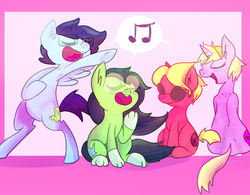 Size: 500x389 | Tagged: safe, artist:spanish-scoot, beta kids, dave strider, glasses, homestuck, jade harley, john egbert, music notes, paws, ponified, rose lalonde, scrunchy face, singing