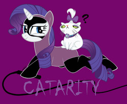 Size: 1280x1053 | Tagged: safe, artist:raptorsr, opalescence, rarity, g4, catwoman, dc comics, question mark, whip