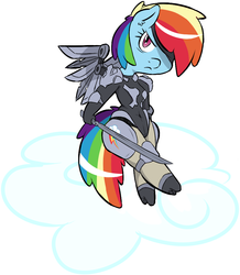 Size: 828x951 | Tagged: dead source, safe, artist:sweethd, rainbow dash, cyborg, pegasus, pony, g4, amputee, augmented, cloud, female, konami, mare, metal gear, prosthetic limb, prosthetic wing, prosthetics, raiden, simple background, sitting, solo, sword, weapon, white background