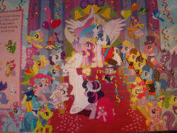 Size: 1500x1125 | Tagged: safe, angel bunny, apple bloom, applejack, caramel, cherry cola, cherry fizzy, constance, doctor cure heart, fluttershy, gummy, ivy curls, lemon hearts, pinkie pie, princess cadance, princess celestia, princess luna, quick pace, rainbow dash, rainbow flash (g4), rarity, royal wish, scootaloo, shining armor, spike, star swirl, sweetie belle, twilight sparkle, bird, pony, a canterlot wedding, g4, official, balloon, basket, book, clothes, confetti, cutie mark crusaders, dress, first look and find, flower, hat, mane seven, mane six, marriage, merchandise, petals, royal wedding, s1 luna, scootaloo can fly, top hat, unnamed character, unnamed pony, wedding