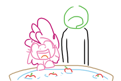 Size: 556x374 | Tagged: safe, artist:weaver, pinkie pie, oc, oc:anon, human, g4, apple, apple bobbing, game, simple background, water, white background