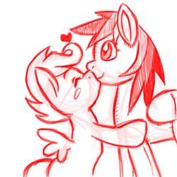 Size: 1280x1280 | Tagged: safe, artist:sdteddybear, rainbow dash, scootaloo, pegasus, pony, g4, blush sticker, blushing, eyes closed, female, filly, heart, hug, kiss on the lips, kissing, lesbian, mare, monochrome, plushie, pseudoincest, rainbow dash plushie, ship:scootadash, shipping, simple background, sketch, smiling, solo, spread wings, white background, wings