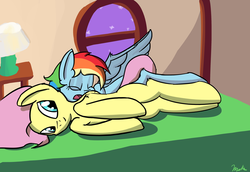 Size: 3200x2200 | Tagged: safe, artist:meanhedgehog, fluttershy, rainbow dash, g4, bed, female, lesbian, ship:flutterdash, shipping, sleeping