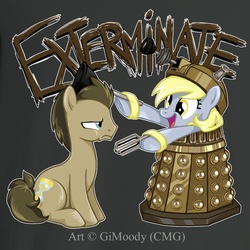 Size: 800x800 | Tagged: safe, artist:gimoody, derpy hooves, doctor whooves, time turner, earth pony, pegasus, pony, crossover, dalek, doctor who, doctor whooves is not amused, female, male, mare, stallion, the doctor