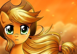 Size: 1468x1024 | Tagged: safe, artist:princesssilverglow, applejack, earth pony, pony, g4, bust, crying, female, looking at you, mare, sad, solo, windswept mane