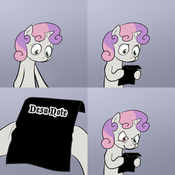 Size: 2000x2000 | Tagged: safe, sweetie belle, g4, death note, desu, exploitable meme, heterochromia, meme, pun, suiseiseki, sweetie's note meme