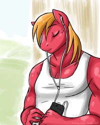 Size: 1200x1500 | Tagged: safe, artist:hasana-chan, big macintosh, earth pony, anthro, g4, 30 minute art challenge, earbuds, ipod, male, solo