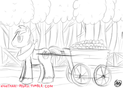 Size: 1280x924 | Tagged: safe, artist:m2mcgrath, big macintosh, earth pony, pony, g4, 30 minute art challenge, apple, cart, male, monochrome, solo, stallion