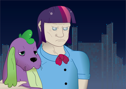 Size: 1024x723 | Tagged: safe, artist:cosmopoliturtle, spike, twilight sparkle, dog, equestria girls, g4, batou, ghost in the shell, humanized, parody, spike the dog, style emulation