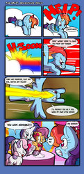 Size: 691x1428 | Tagged: safe, artist:theburningdonut, rainbow dash, rarity, scootaloo, sweetie belle, g4, both cutie marks, comic, crying, dressup, help, help me, horror, misspelling, the horror, thought bubble, too late