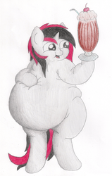 Size: 2170x3413 | Tagged: dead source, safe, artist:php33, oc, oc only, oc:volt biohazard, pony, belly, bipedal, chocolate, fat, milk, morbidly obese, obese, solo, stuffing